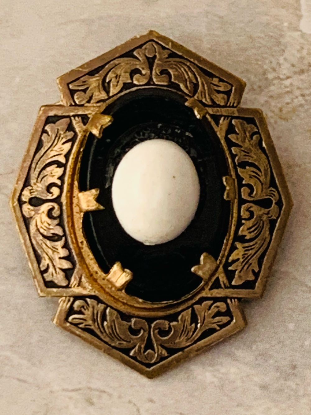 Victorian Mourning Brooch with Black Enamel and White Cabochon